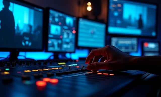 Mesa de realización de streaming con múltiples pantallas